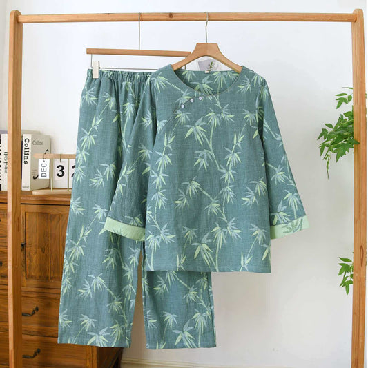 Green Bamboo Jacquard Cotton Gauze Pajamas - Green - XL - image 0