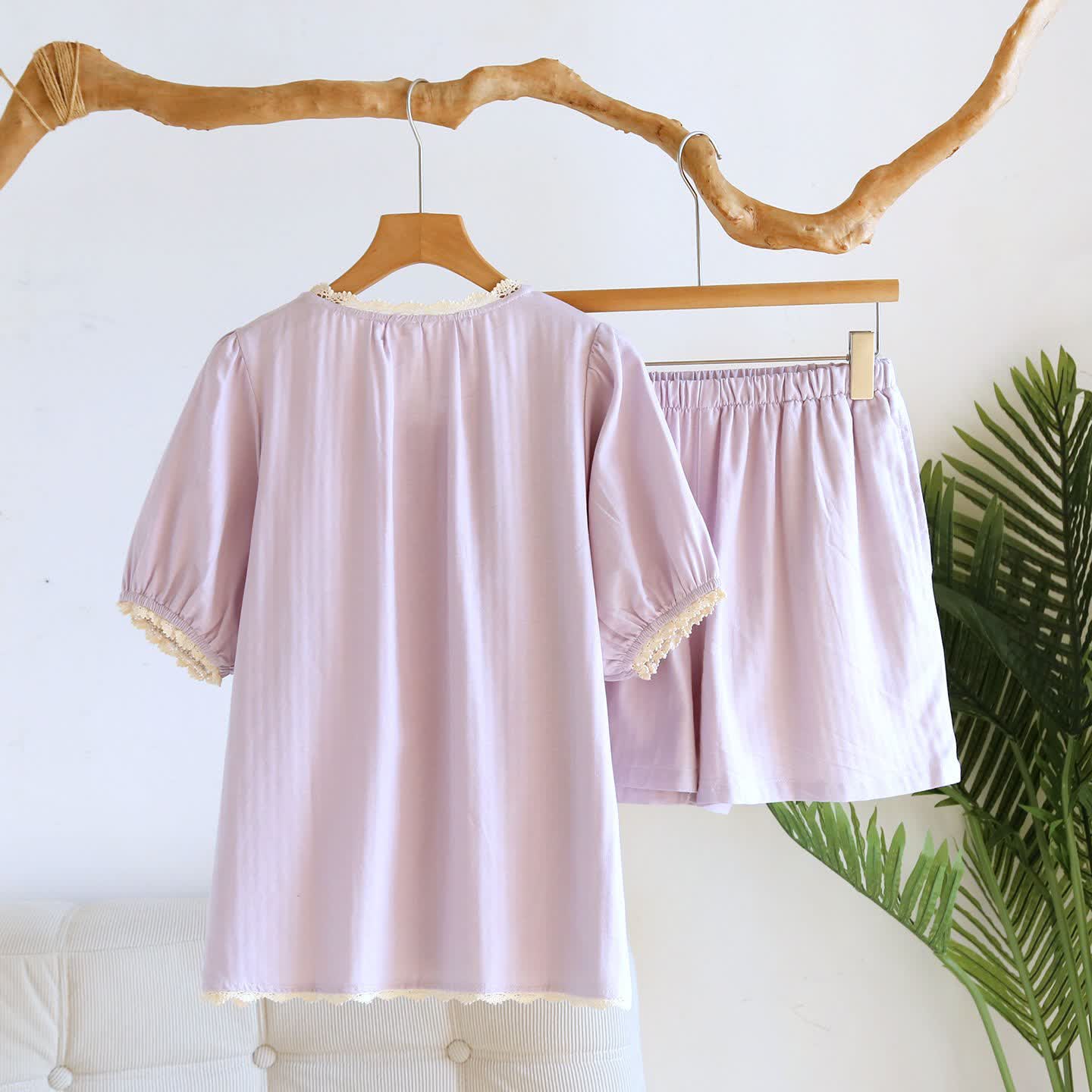 Solid Color Lace-trimmed Short Pajama Set - image 6