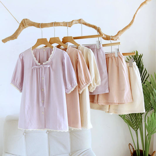 Solid Color Lace-trimmed Short Pajama Set - image 0