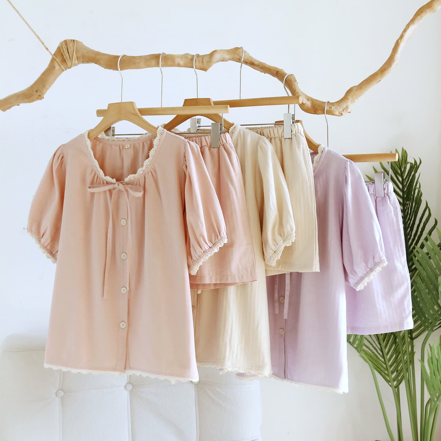 Solid Color Lace-trimmed Short Pajama Set - image 2