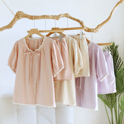 Solid Color Lace-trimmed Short Pajama Set - image 2