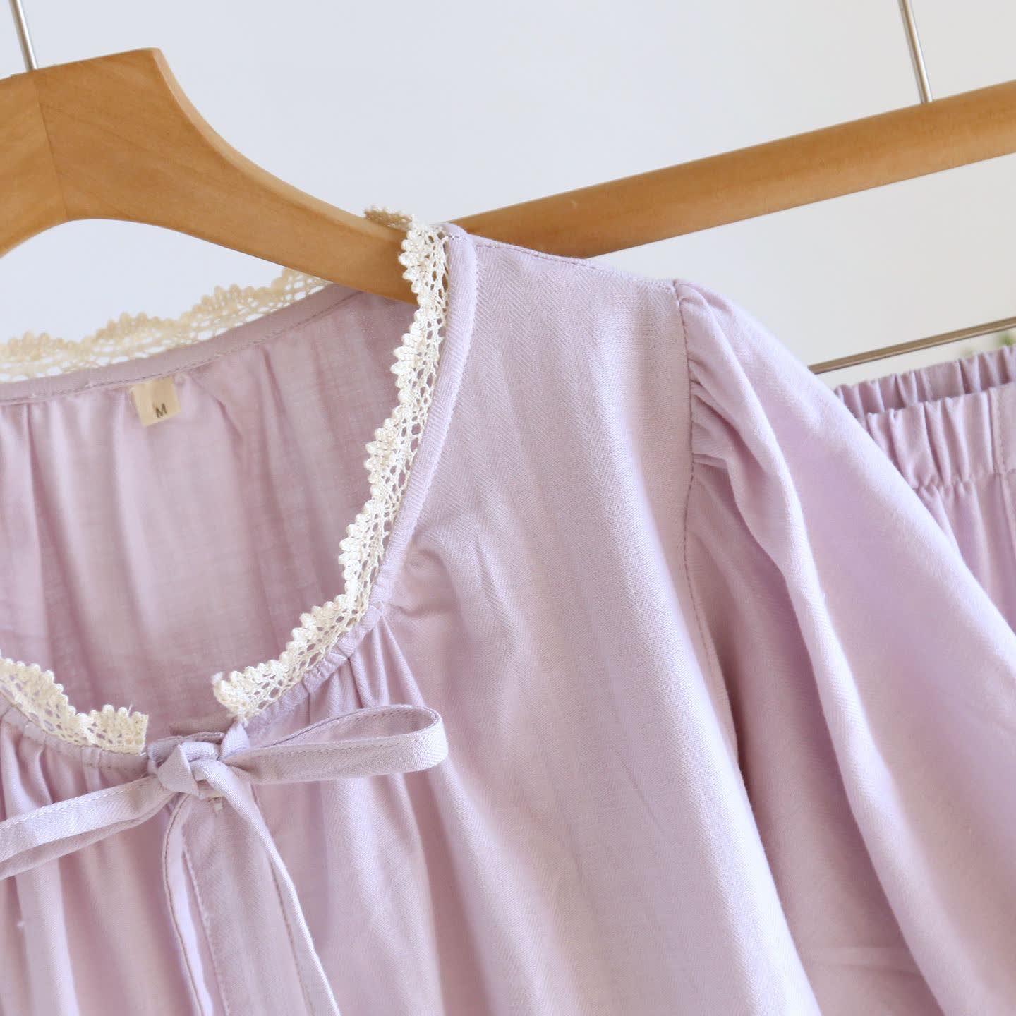 Solid Color Lace-trimmed Short Pajama Set - image 8