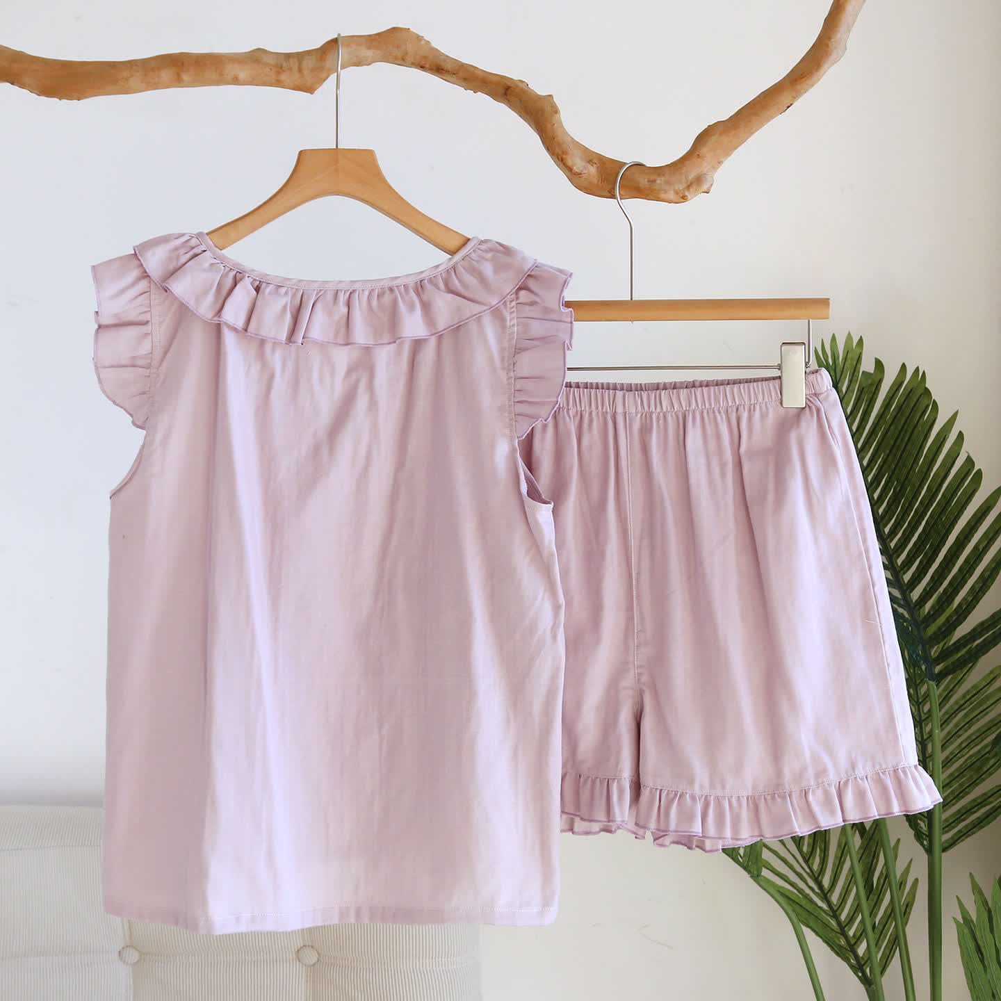 Solid Color Ruffled Tank Pajama Set - image 6