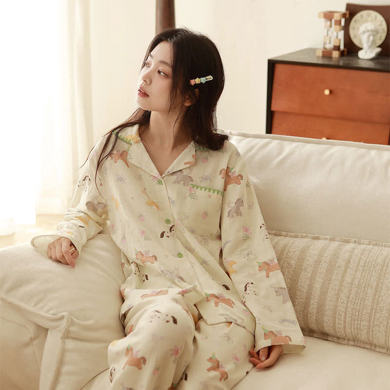 Cartoon Pony & Floral Brushed Cotton Pajamas - image 1