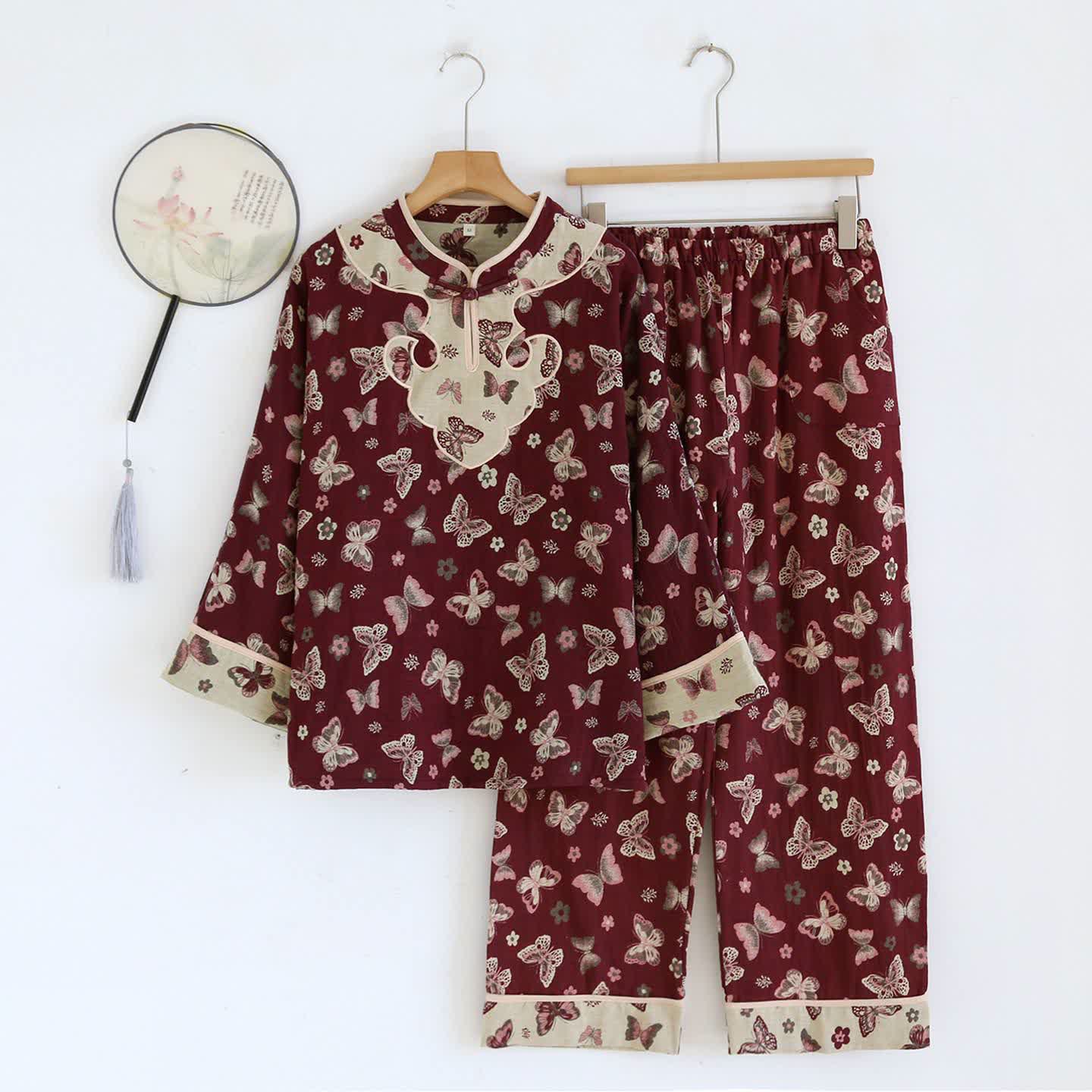 Oriental Style Butterfly Cotton Pajama Set - Purple - XL - image 3