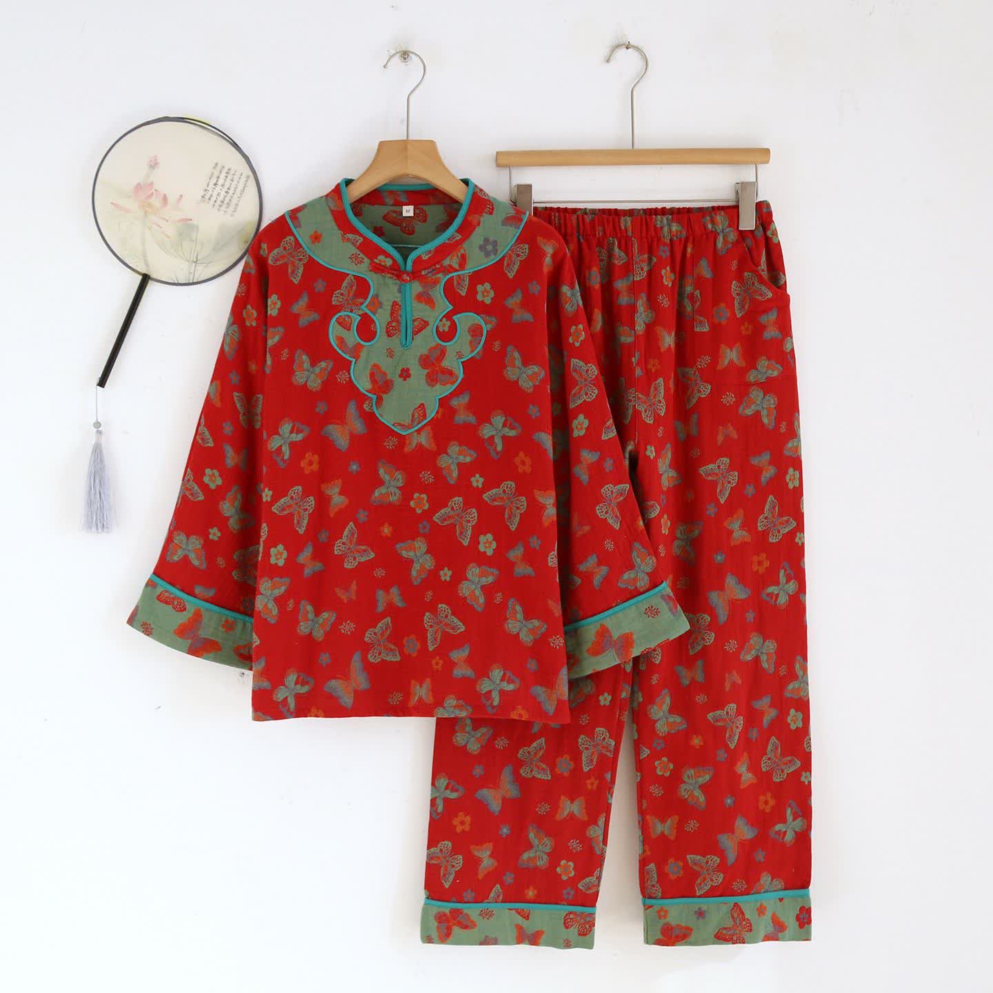 Oriental Style Butterfly Cotton Pajama Set - Red - XL - image 0