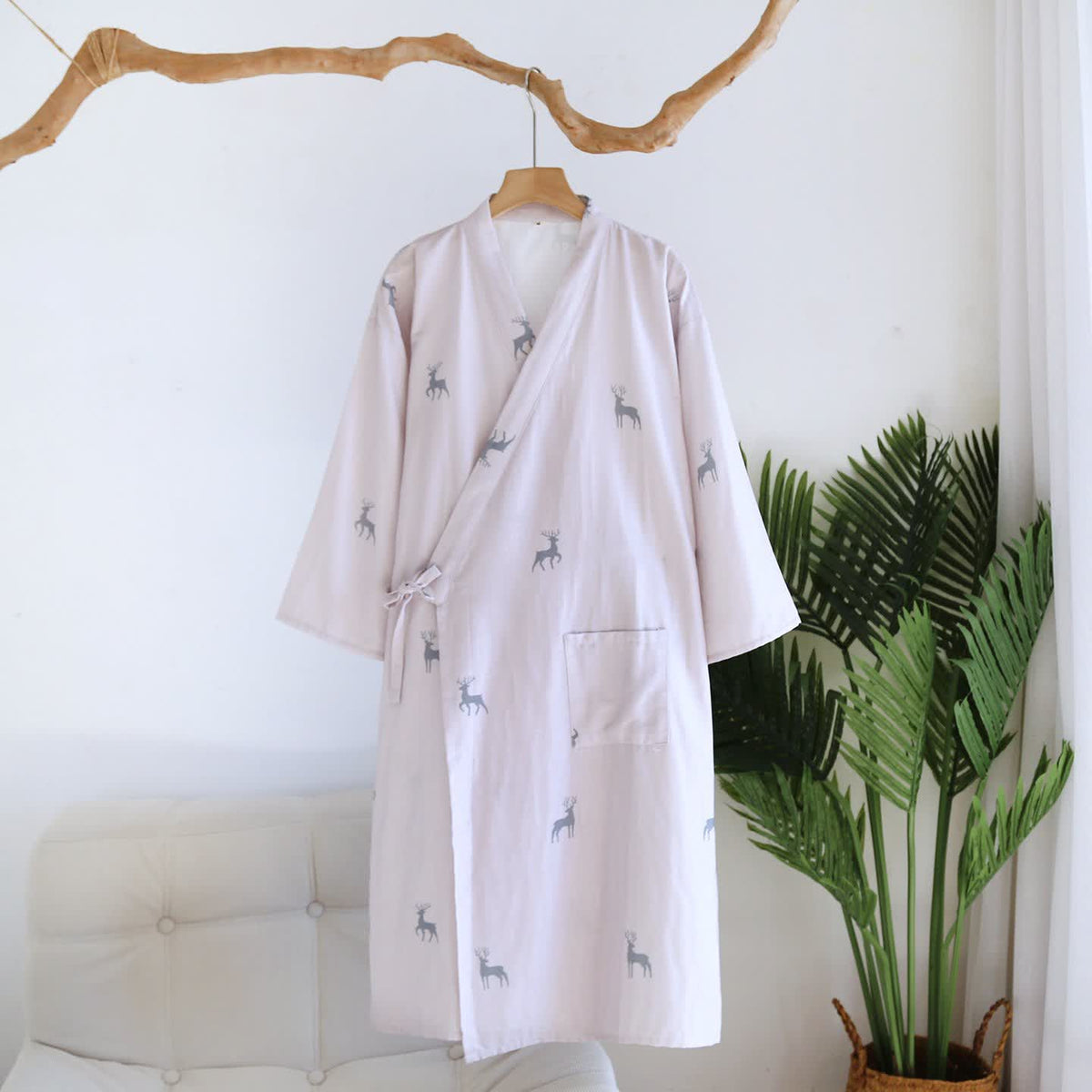 Couple Deer Cotton Gauze Kimono Bathrobe - Light Pink - L - image 1