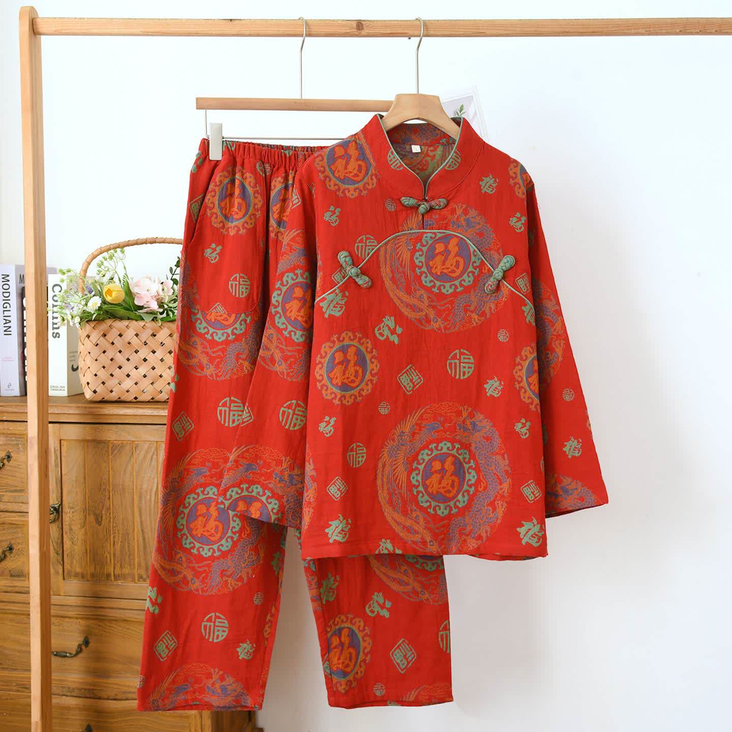 Auspicious Mandarin Collar Cotton Pajama Set - Red - XXL - image 0