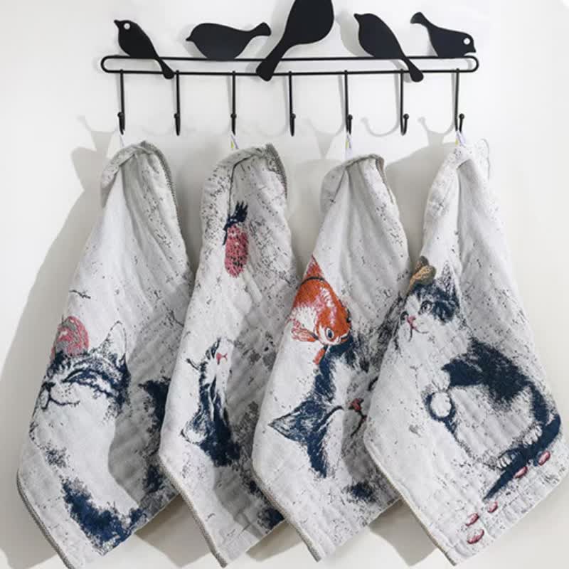 Country Cat & Fruits Cotton Gauze Kitchen Towel - Set of 4 - 14" x 14" - image 1