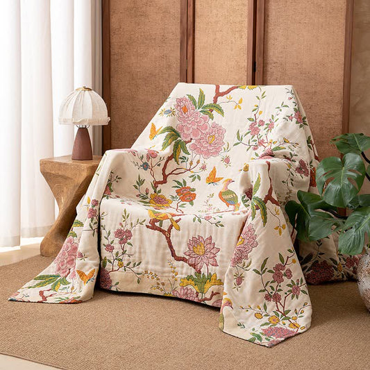 Country Floral Bird Cotton Gauze Blanket - 90"W x 98"L - image 0