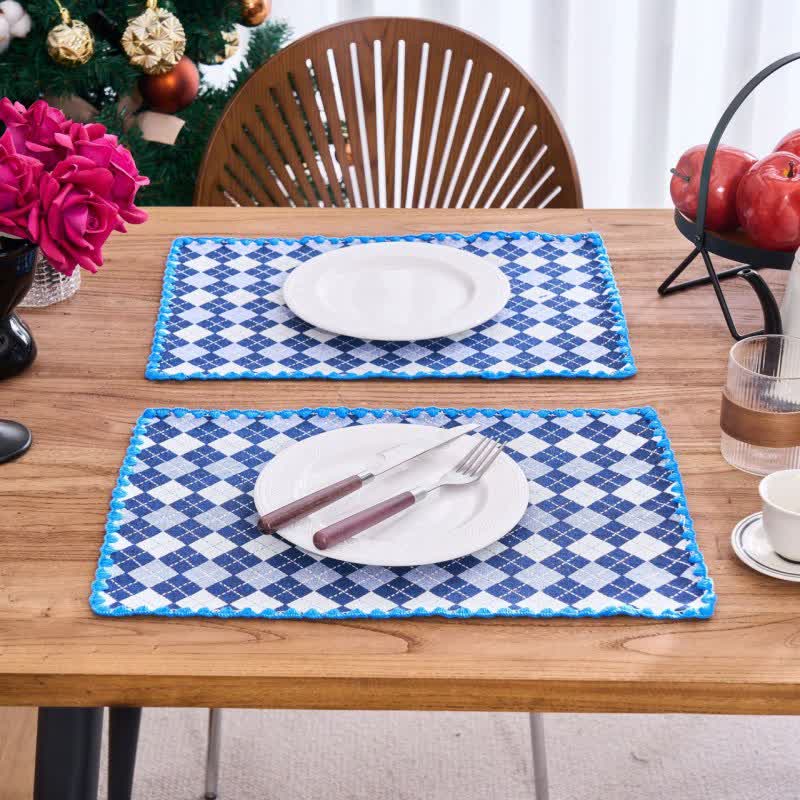 Diamond Check Jacquard Fabric Placemat(4PCS) - Blue - 4PCS - 12" x 18" - image 3