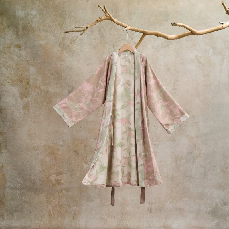 Natural Leaf Cotton Gauze Kimono Robe - Light Pink - L - image 19