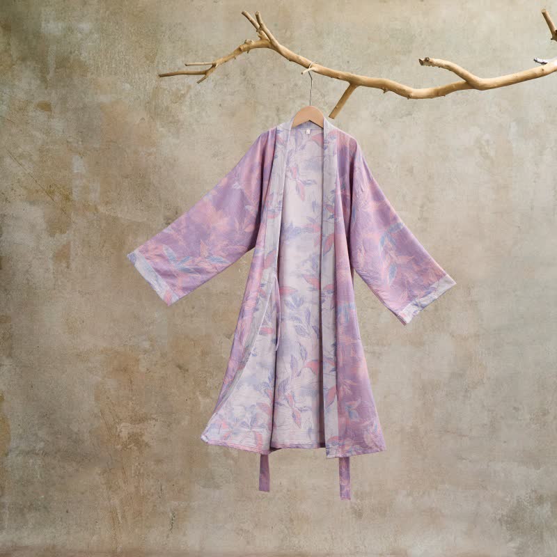 Natural Leaf Cotton Gauze Kimono Robe - Purple - L - image 13