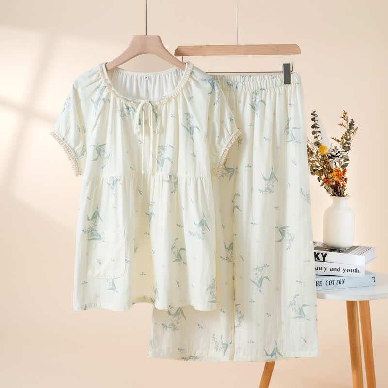 Bellflower Floral Cotton Gauze Pajama Set - Beige - XL - image 3