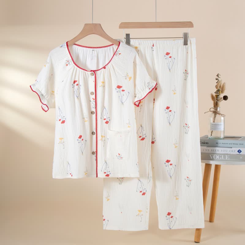 Country Floral Cotton Gauze Pajama Set - Beige - XL - image 0