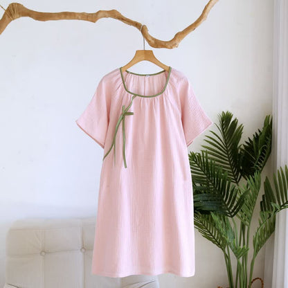 Minimalist Oriental Style Cotton Gauze Nightdress - Pink - XL - image 4