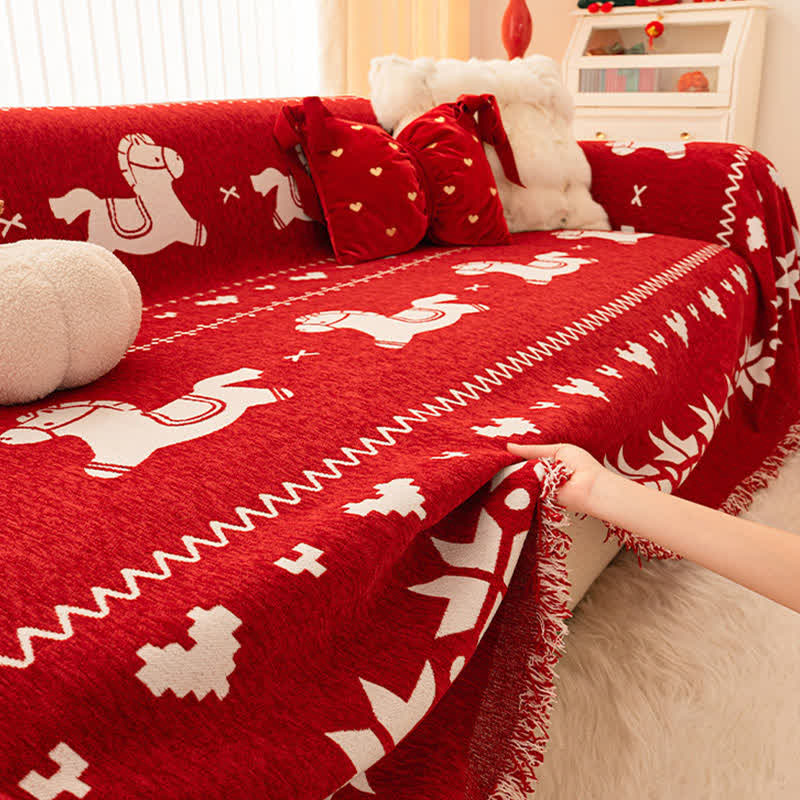 New Year Chenille Sofa Cover with Lucky Horse - image 5