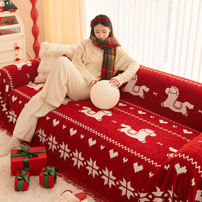 New Year Chenille Sofa Cover with Lucky Horse - image 1