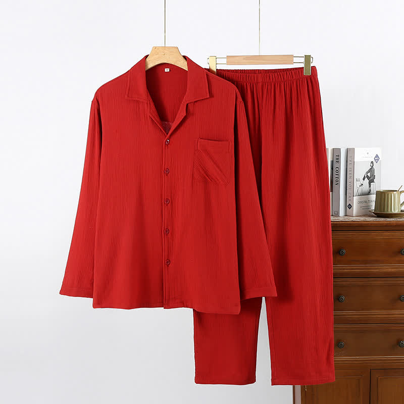 Minimalist Red Couple Cotton Pajama Set - Lapel Neck - Red - Men:XL - image 1