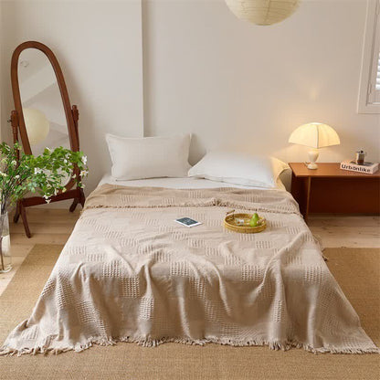 Solid Waffle Weave Cotton Tassel Quilt - Coffee - Queen - image 11