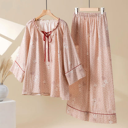Floral Bear Cotton Ruffled Loungewear Set - Pink - XL - image 0