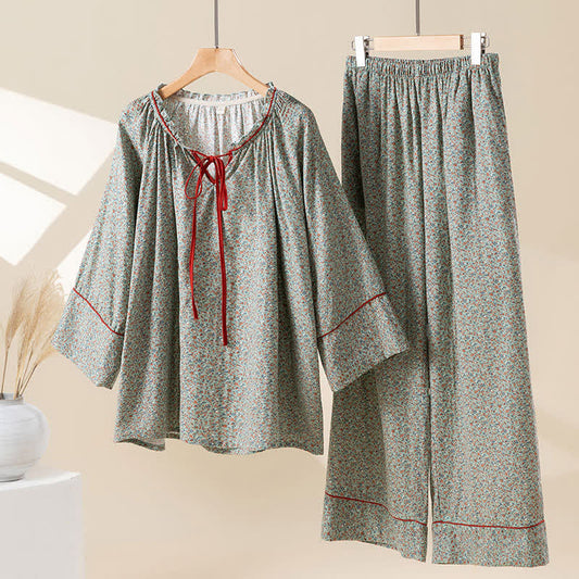 Green Floral Cotton Ruffled Loungewear Set - Green  - XL - image 0