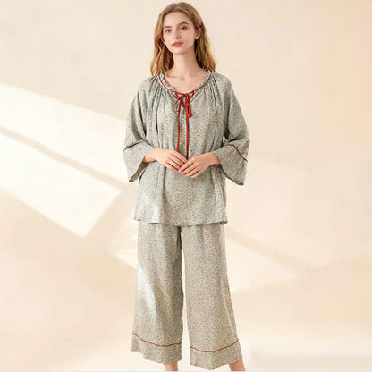 Green Floral Cotton Ruffled Loungewear Set - image 1