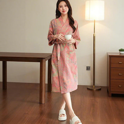 Floral Leaf Cotton Double Gauze Kimono Robe - image 5