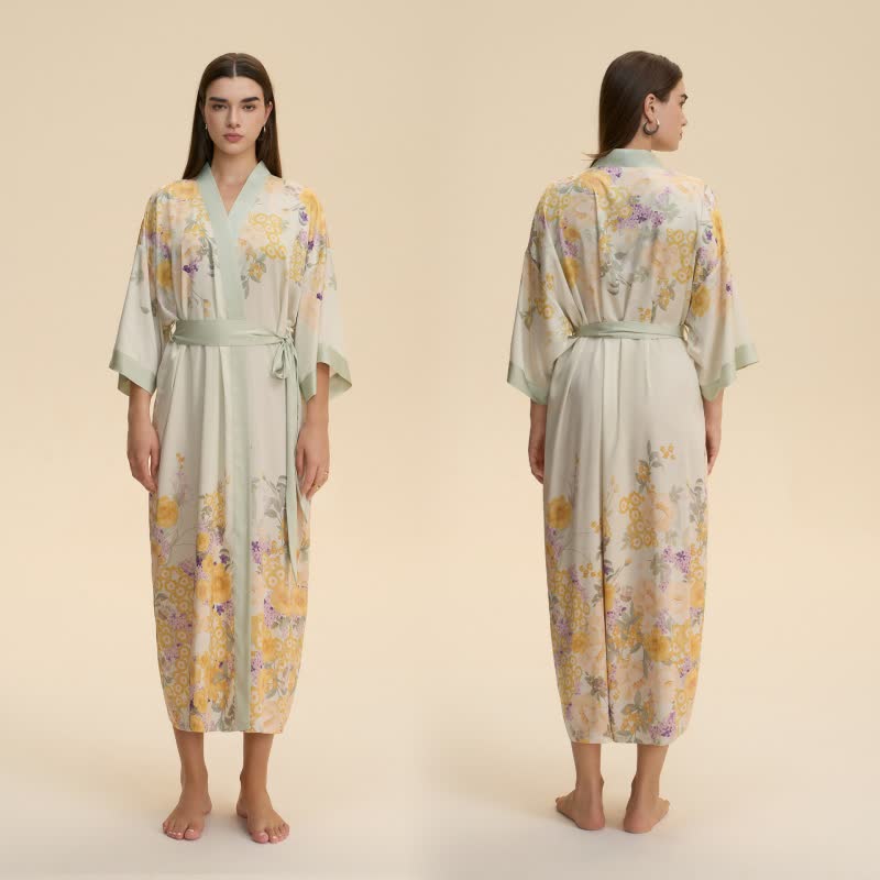 Oriental Yellow Floral Kimono Style Bathrobe - image 1
