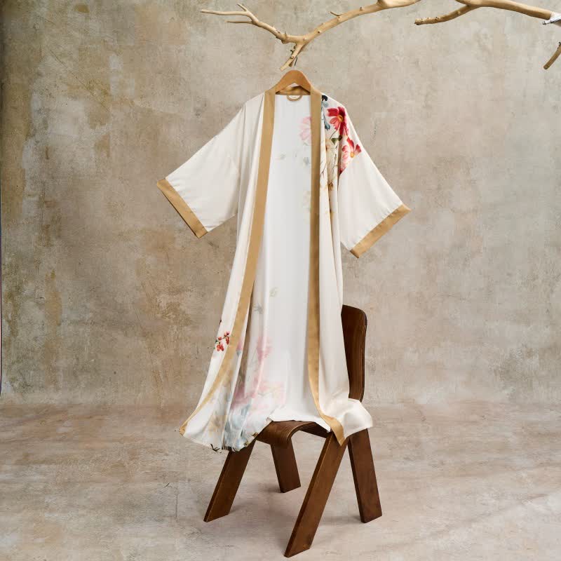 Oriental Luxurious Flower Kimono Style Bathrobe - Beige - One Size - image 0