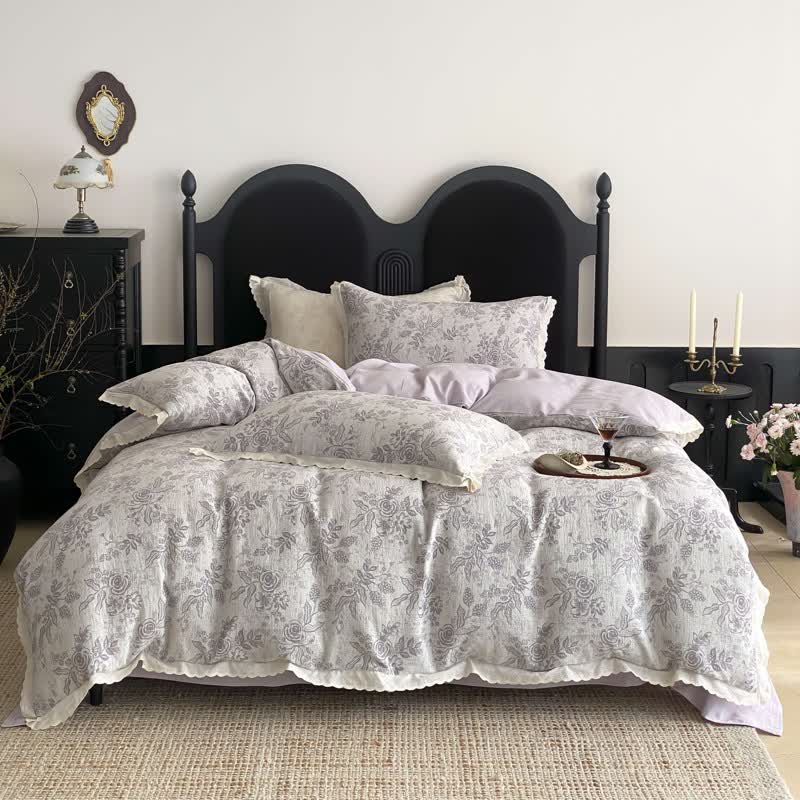 Vintage Subtle Rose Cotton Gauze Bedding Set(4PCS) - Purple - King - image 12