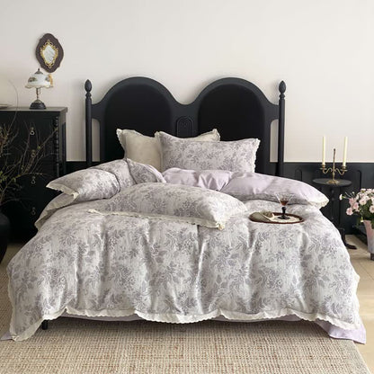 Vintage Subtle Rose Cotton Gauze Bedding Set(4PCS) - Purple - King - image 12
