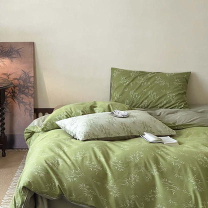 Oriental Bamboo Leaf Jacquard Cotton Bedding Set(4PCS) - Dark Green - King - image 9