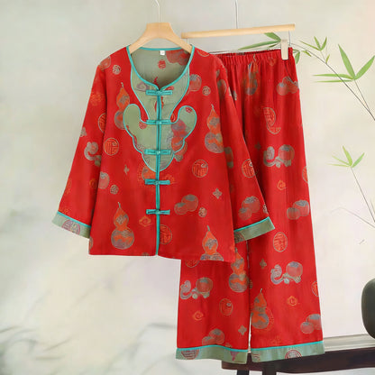 Oriental Gourd Jacquard Cotton Gauze Pajamas - Red - XL - image 0