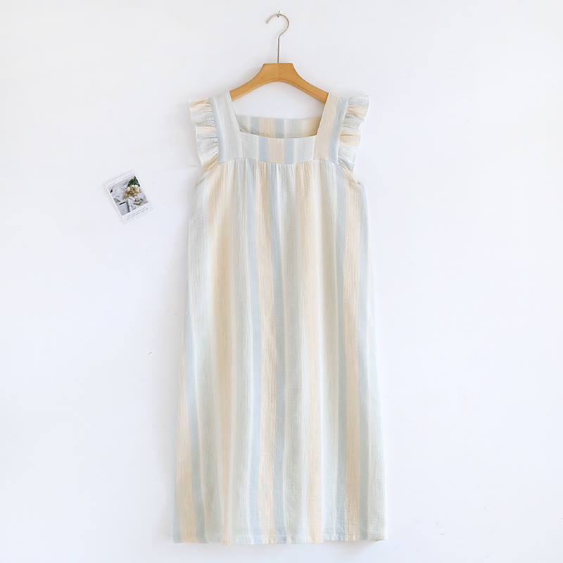 Cotton Gauze Striped Ruffle Trim Tank Loungewear - Beige - Nightdress - XL - image 2