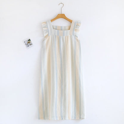 Cotton Gauze Striped Ruffle Trim Tank Loungewear - Beige - Nightdress - XL - image 2