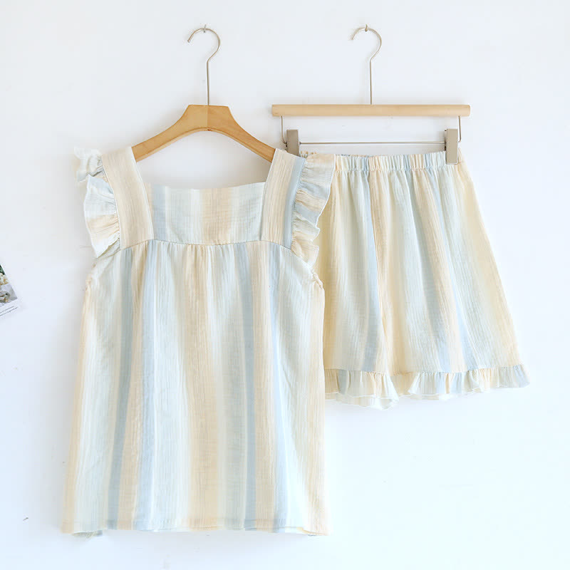 Cotton Gauze Striped Ruffle Trim Tank Loungewear - image 4