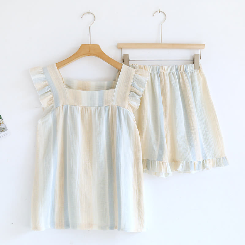 Cotton Gauze Striped Ruffle Trim Tank Loungewear - Beige - Loungewear Set - XL - image 3