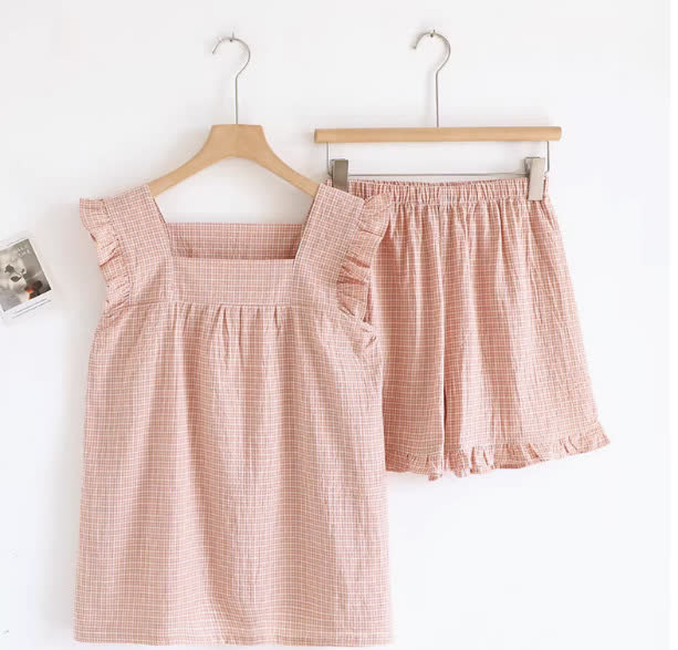 Cotton Gauze Plaid Flutter Sleeve Tank Pajamas - Pink - XL - image 9