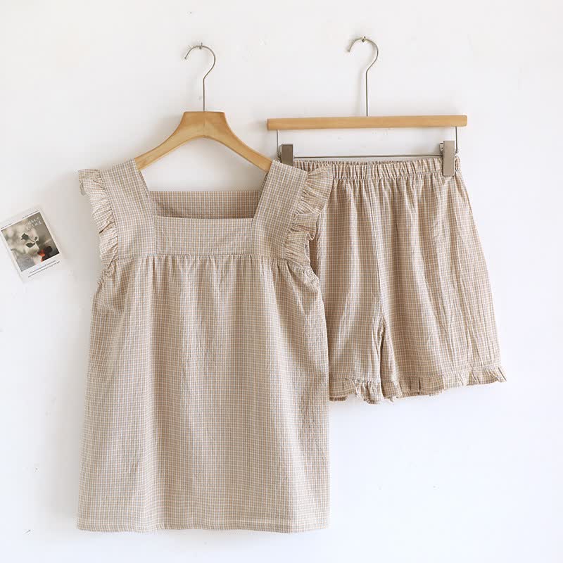 Cotton Gauze Plaid Flutter Sleeve Tank Pajamas - Coffee - XL - image 3