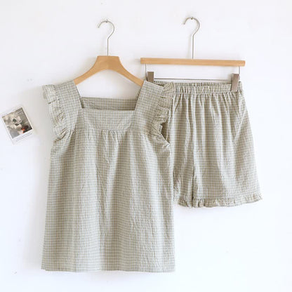 Cotton Gauze Plaid Flutter Sleeve Tank Pajamas - Green - XL - image 7
