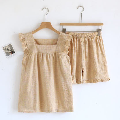 Cotton Gauze Plaid Flutter Sleeve Tank Pajamas - Yellow - XL - image 5
