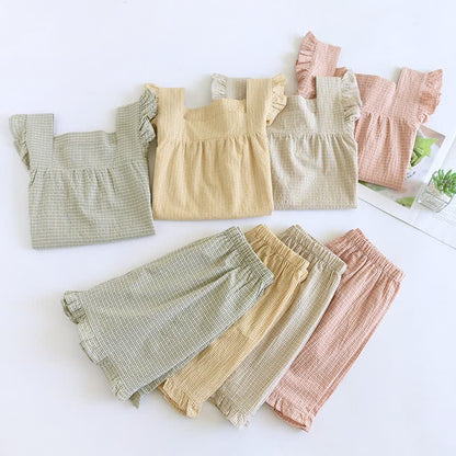 Cotton Gauze Plaid Flutter Sleeve Tank Pajamas - image 1