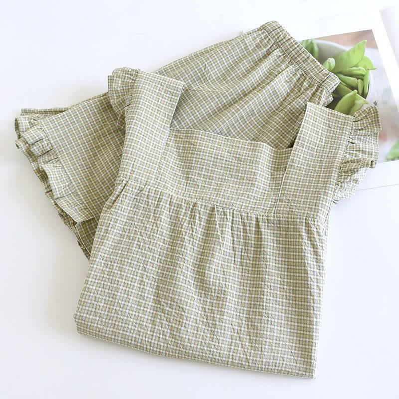 Cotton Gauze Plaid Flutter Sleeve Tank Pajamas - image 8