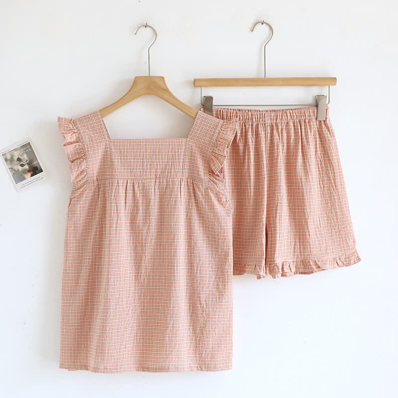 Cotton Gauze Plaid Flutter Sleeve Tank Pajamas - image 10