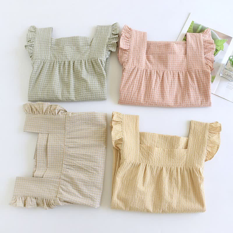 Cotton Gauze Plaid Flutter Sleeve Tank Pajamas - image 2