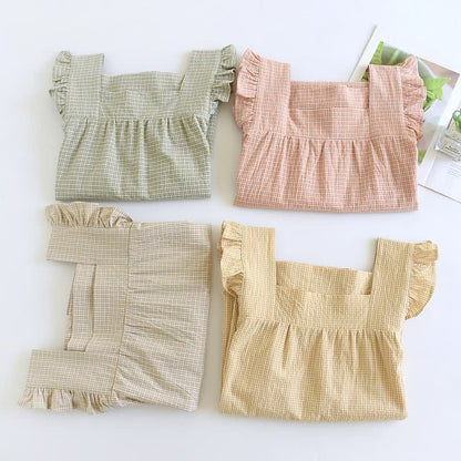 Cotton Gauze Plaid Flutter Sleeve Tank Pajamas - image 2