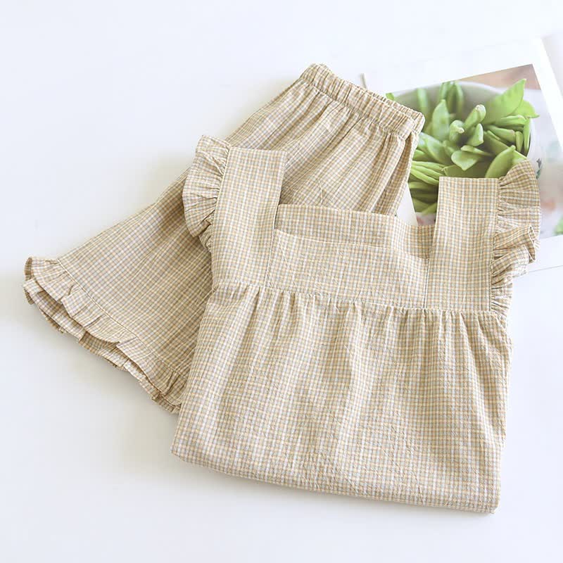 Cotton Gauze Plaid Flutter Sleeve Tank Pajamas - image 4