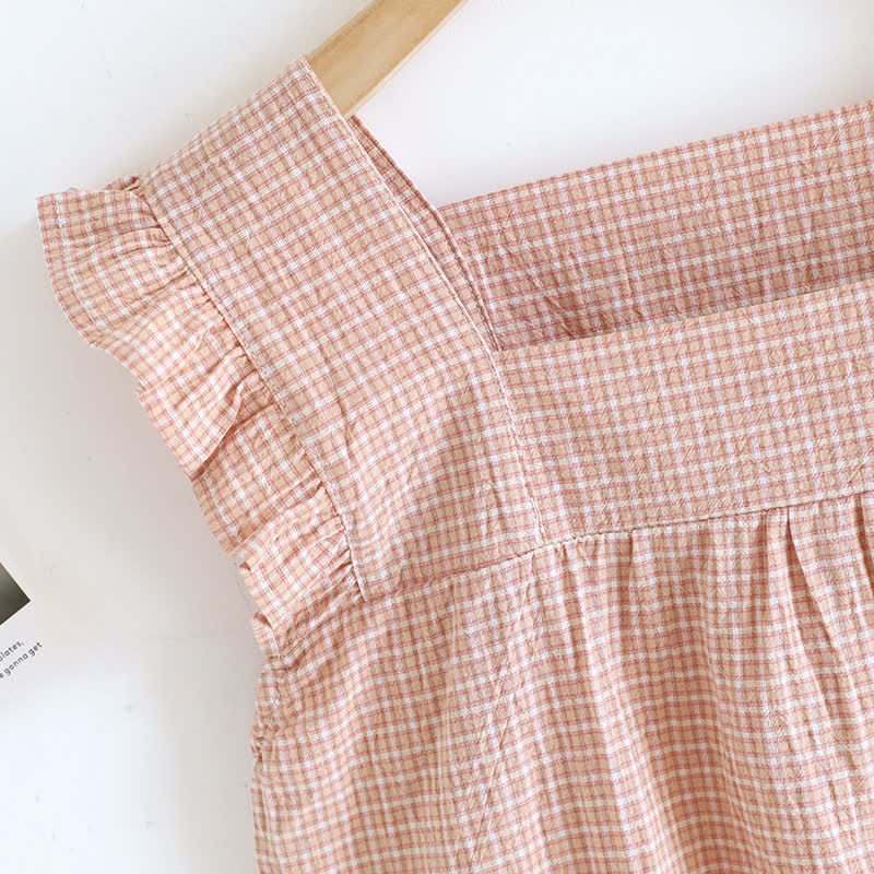 Cotton Gauze Plaid Flutter Sleeve Tank Nightdress - image 6