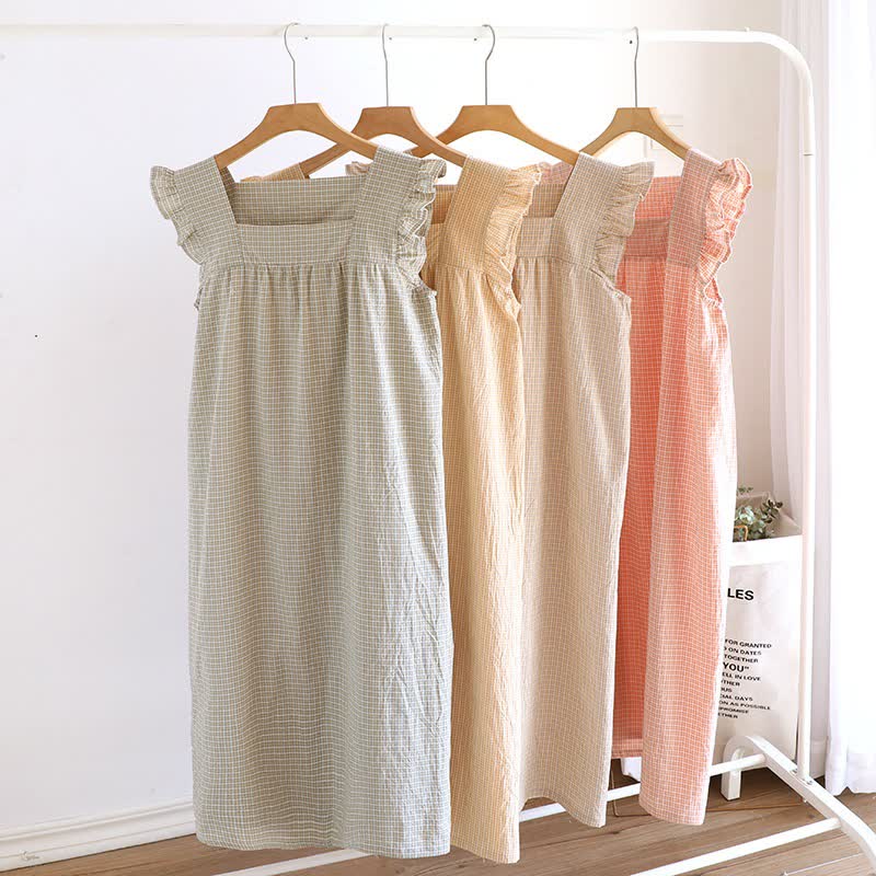 Cotton Gauze Plaid Flutter Sleeve Tank Nightdress - image 0